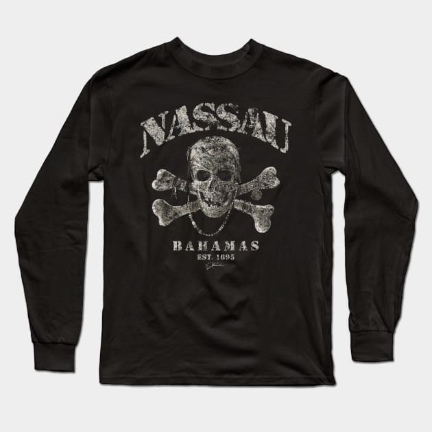 Nassau, Bahamas, Pirate Skull & Crossbones (Distressed) Long Sleeve T-Shirt by jcombs